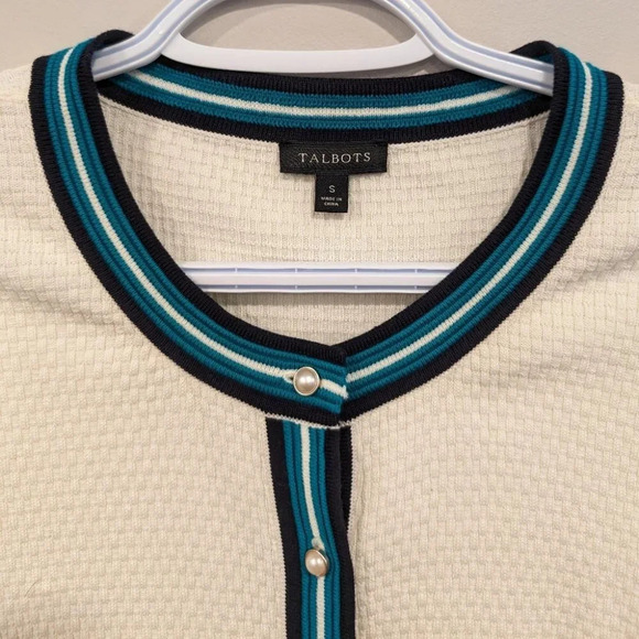 Talbots Beige Green Stripe Textured Tipped Cardigan Woman Small Pearl Button - Picture 5 of 9